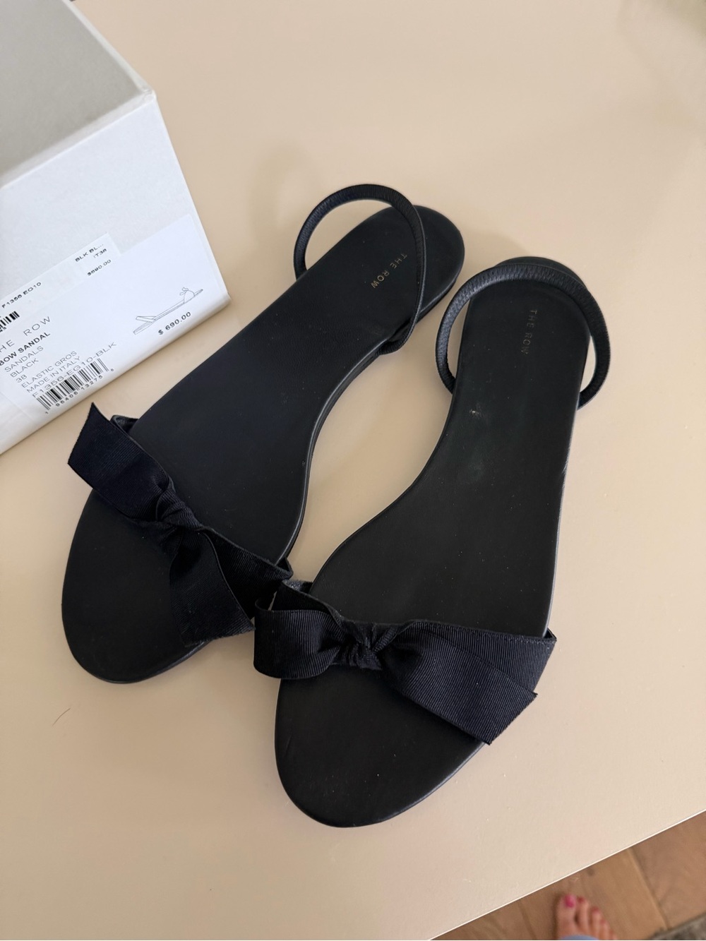 The Row Black Bow-Front Flat Sandals